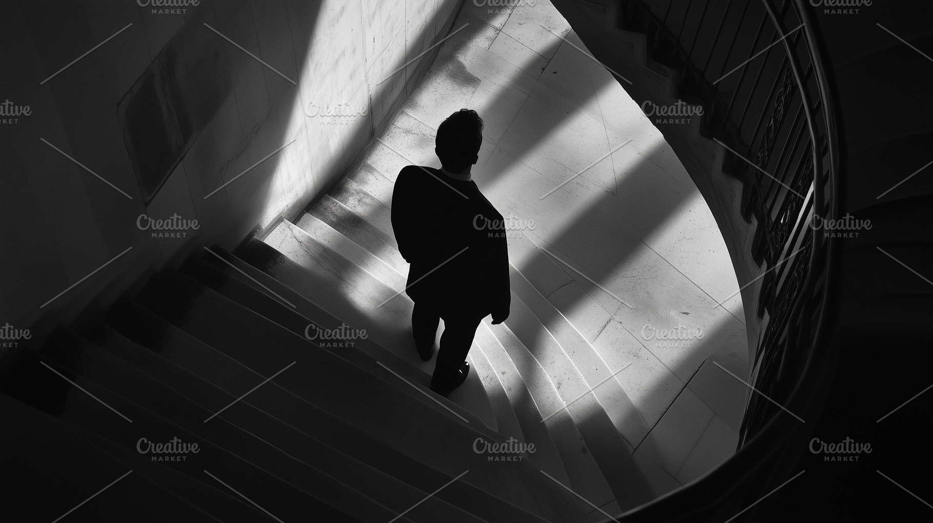 Man in a suit descends curved stairs, a Person Photo by MistyDay