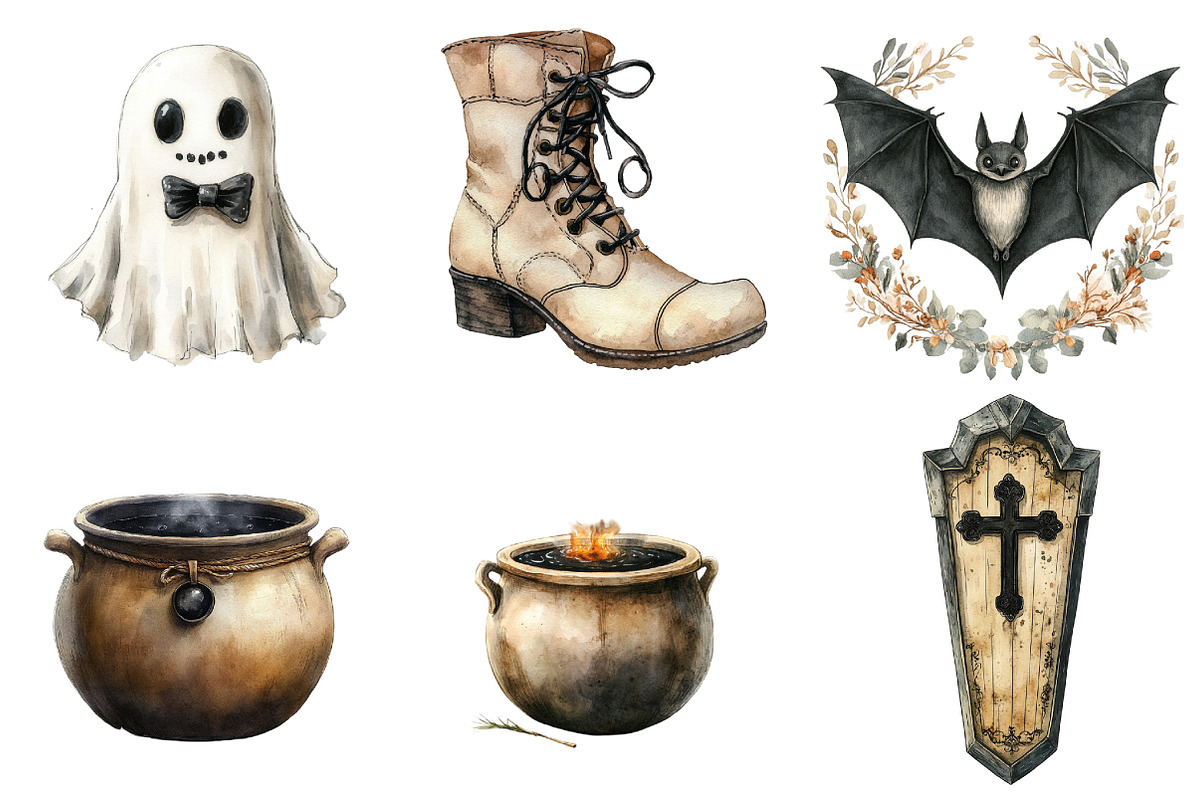 Beige & Black Halloween Clipart, an Illustration by Watercolor design (Photo 3 of 4)
