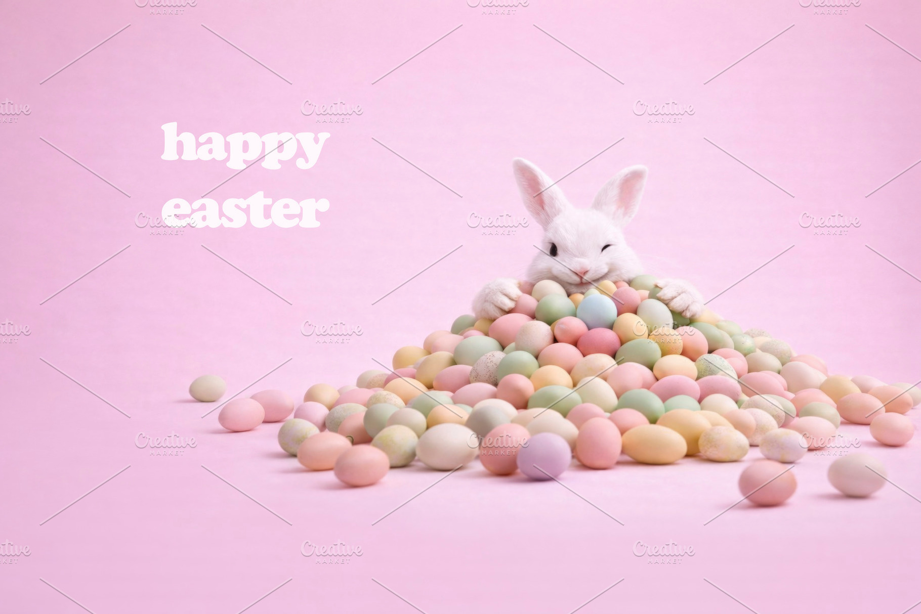 eggs, rabbit and text happy easter, generative AI, a Photo by Nito