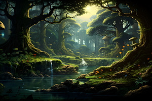 Mystical Forest Scene, Magical Mushrooms, Enchanted Woodland, Fa, a Nature Photo by Mashimara