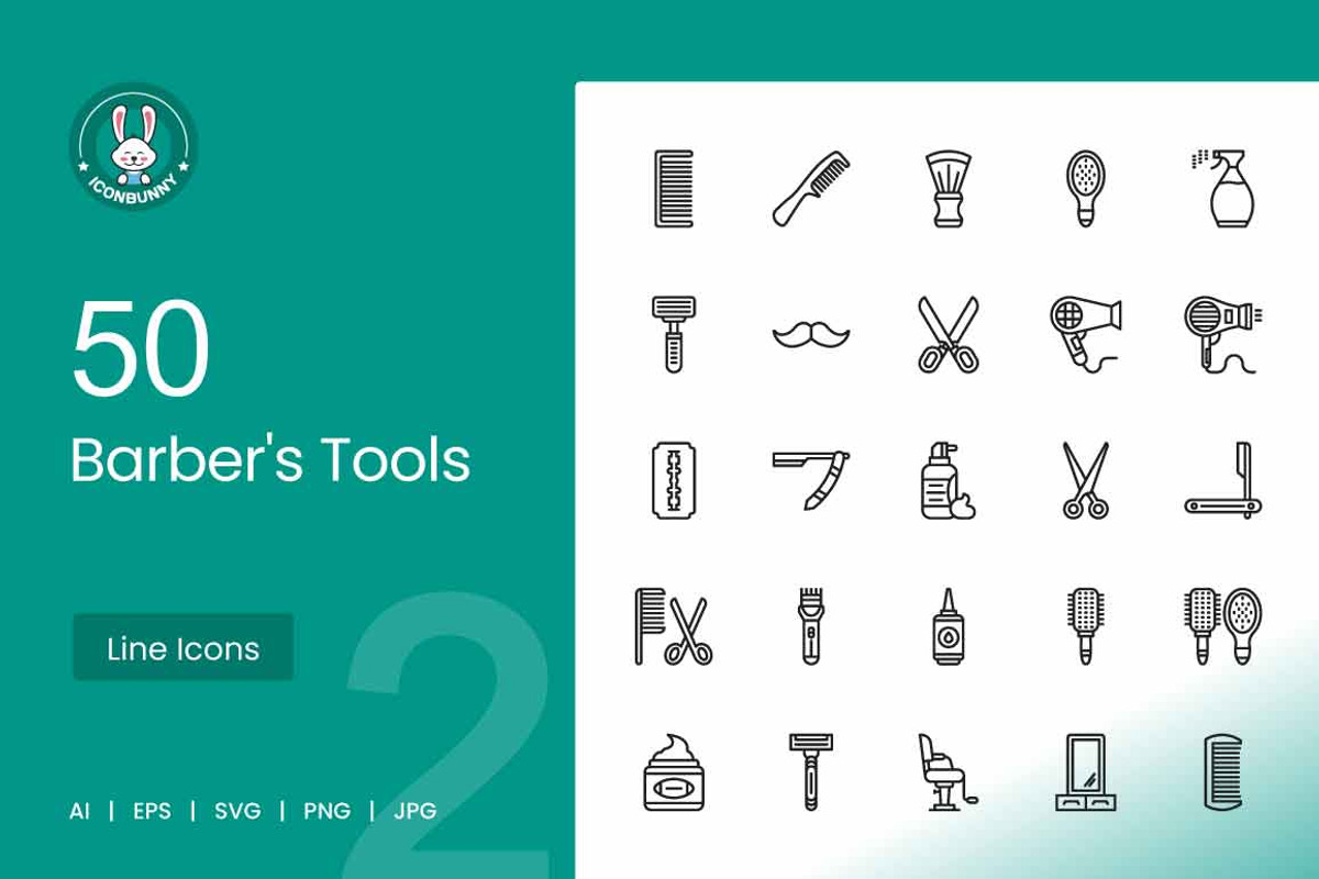 50 Barber’s Tools Line Icons, an Icon by IconBunny (Photo 1 of 2)