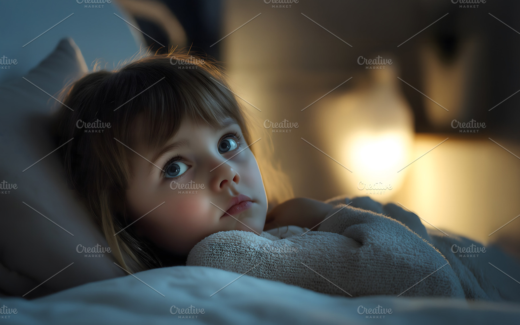 Sad little baby girl is lying in bed at home or hospital, a Person Photo by Lenor4ik