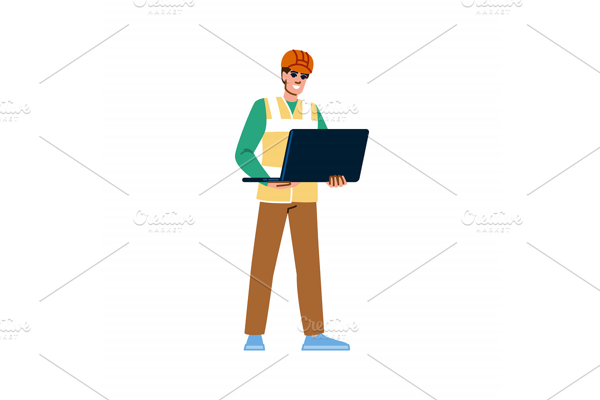 Smiling engineer holding laptop, an Illustration by pikepicture