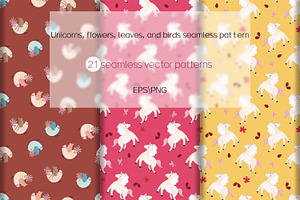 Unicorns, Flowers, Leaves, And Birds