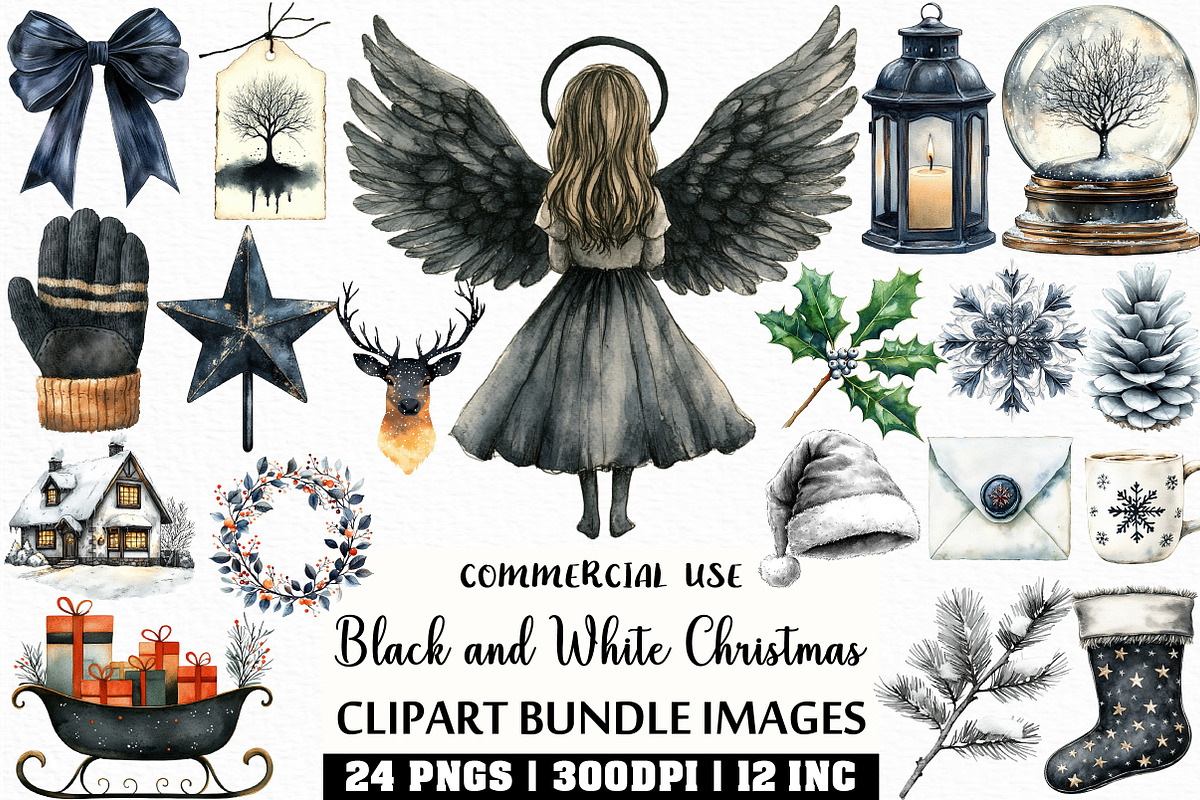 Black and White Christmas Clipart, an Illustration by Craft Nest (Photo 1 of 6)
