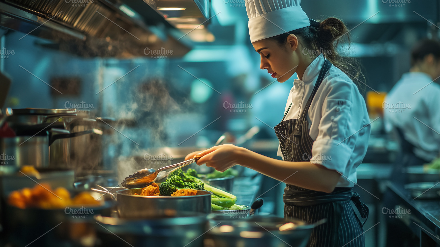 Focused female chef prepares a dish, a Food & Drink Photo by MistyDay