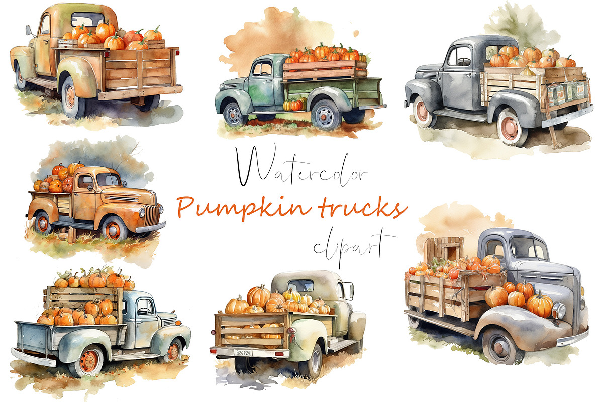 Watercolor fall, pumpkin trucks, an Object Graphic by KomtsyanTatyanaArt (Photo 1 of 4)