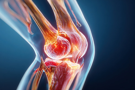 Detailed anatomical view of a human knee joint showcasing ligaments and cartila, a Health & Medical Photo by AlyaAnd