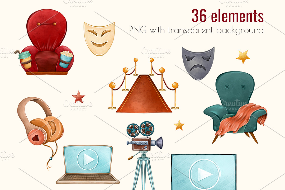 Watercolor Movie Clipart PNG Set (36, an Object Illustration by Mespilia (Photo 3 of 5)