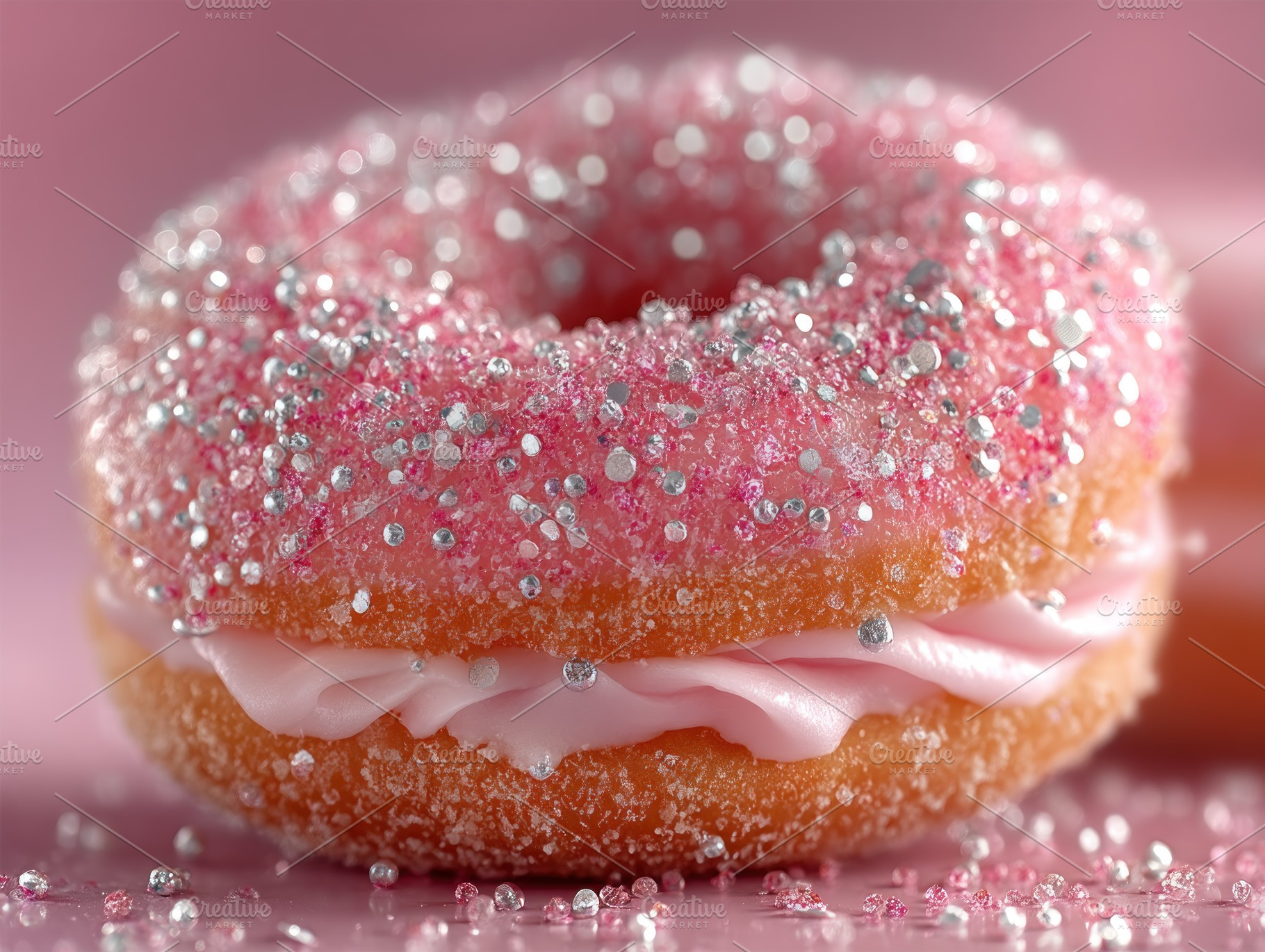 Pink Sugar Donut with Cream Filling and Silver Sprinkles on Soft, a Food & Drink Photo by José Manuel Gelpi