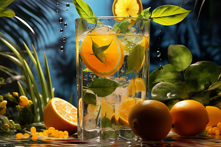 Fresh tropical cocktail with oranges and ice with tropical trees and plants on, a Food & Drink Photo by Natalia Klenova's Shop