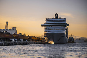 Cruise ship at sunset harbor, a Transportation Photo by SkyNext