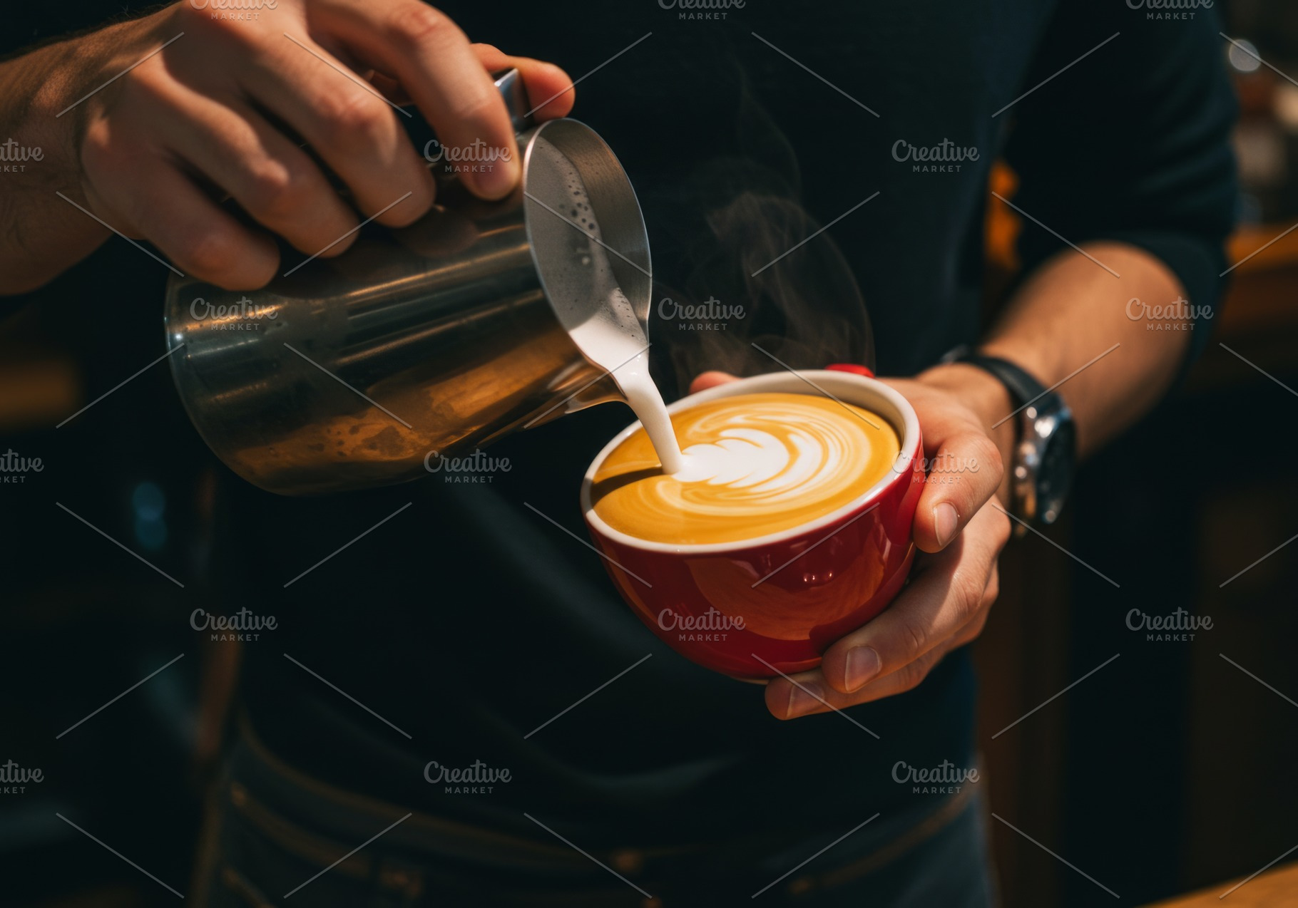 Barista pouring steamed milk, a Food & Drink Photo by professorinc