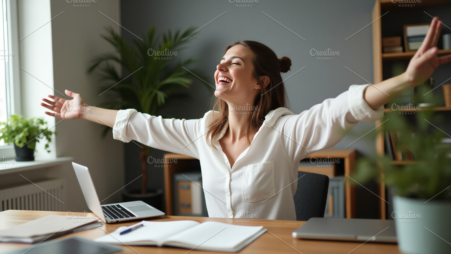 Joyful Person In White Shirt At Home, a Business Photo by Stock Shape