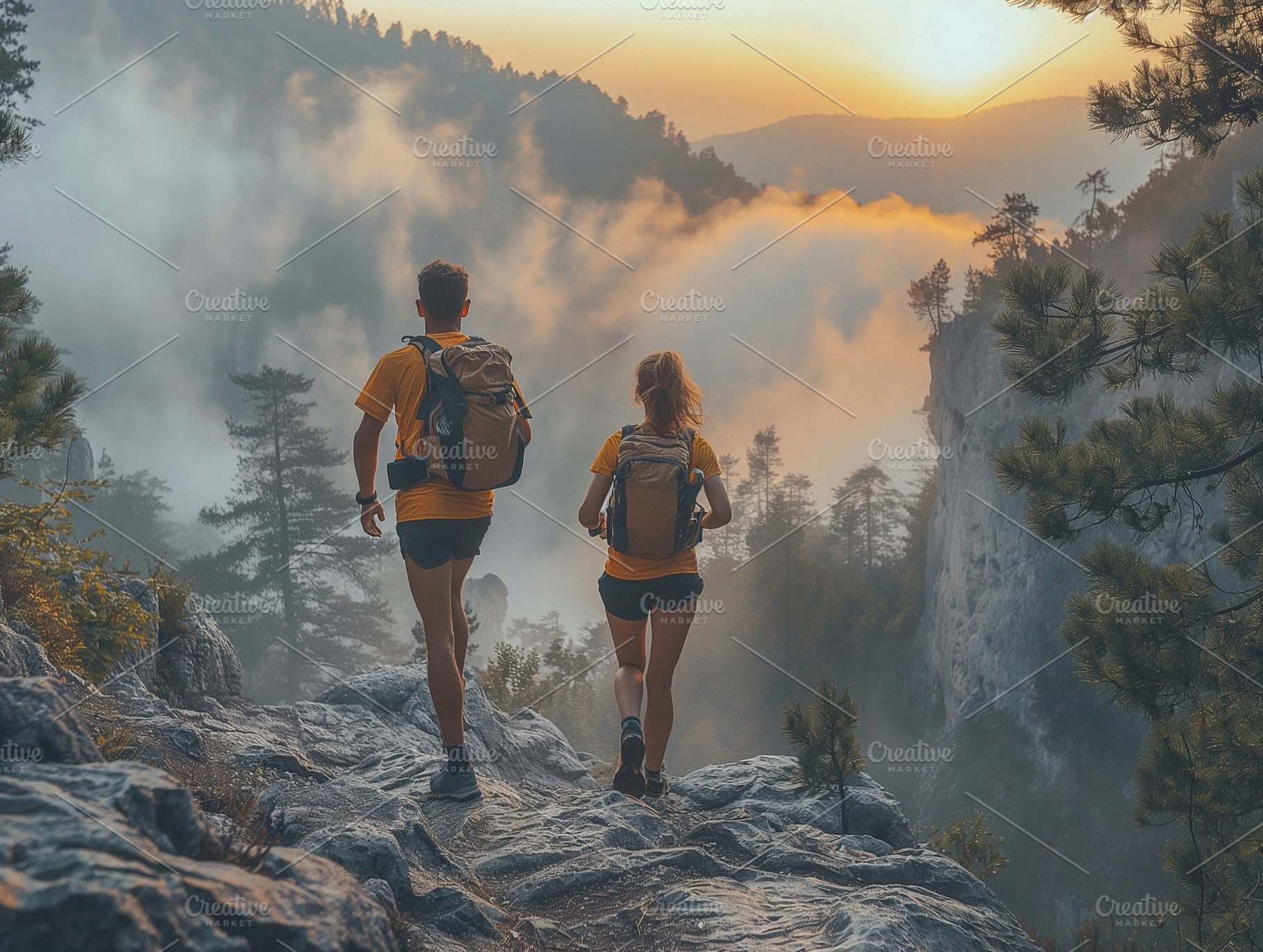A male and female hiker enjoying a scenic sunset hike through the misty mountai, a Person Photo by ImageMir