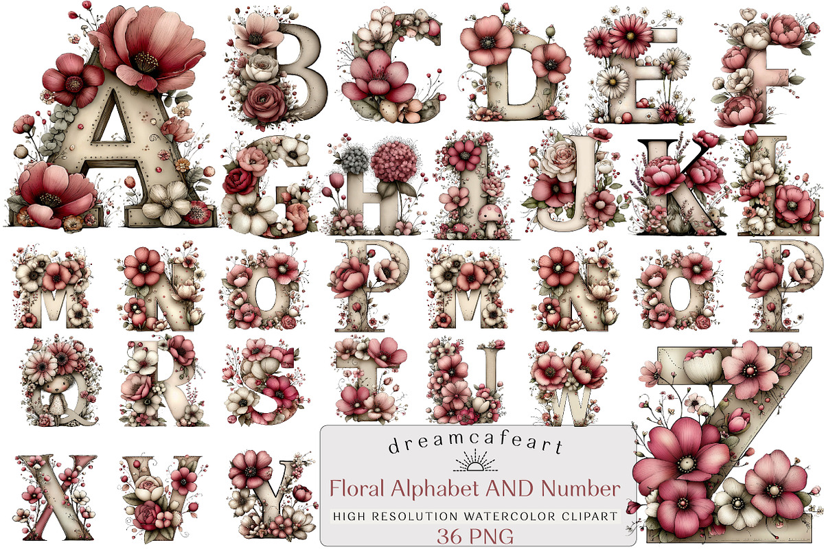 Floral Baby Alphabet Clipart Set, an Illustration by DreamCafeArt (Photo 1 of 4)