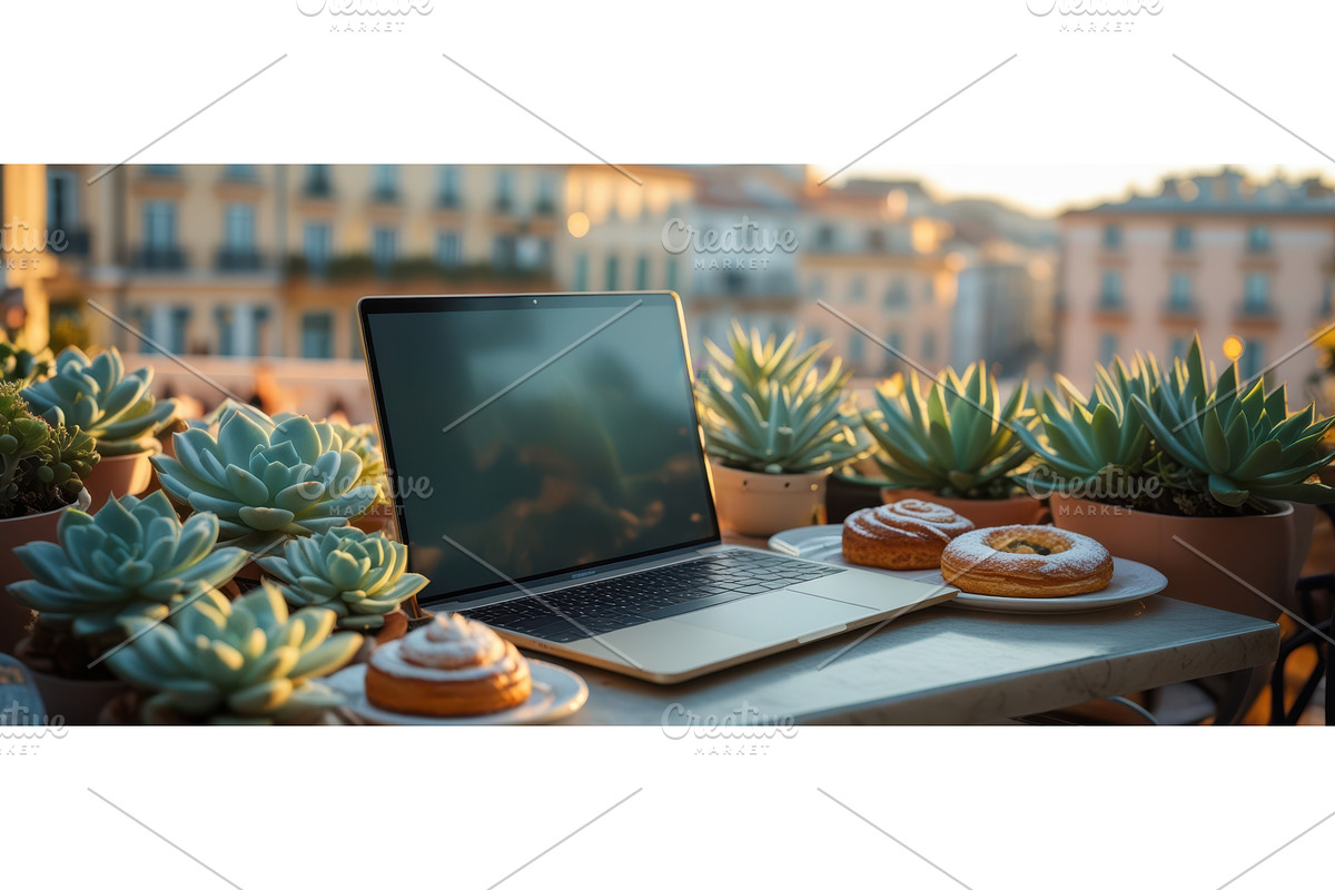 Open laptop on a table with pastries, an Illustration by tilialucida