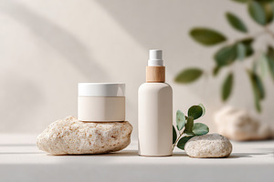 Elegant cosmetic packaging mockup featuring minimalist design on natural stones, a Beauty & Fashion Photo by AlyaAnd