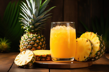Sliced pineapples and glass of juice on wooden background, a Food & Drink Photo by AlyaAnd