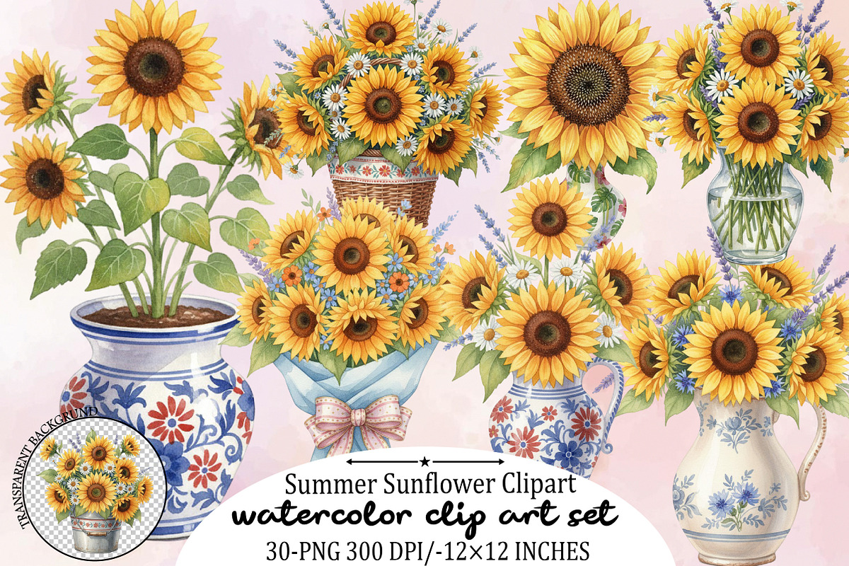 Watercolor Summer Sunflower PNG Clip, an Illustration by SVGArt (Photo 1 of 9)