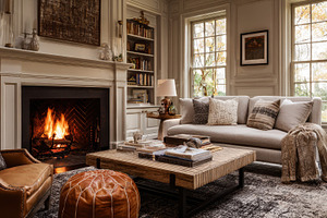 Cozy living room with a warm firepla, a Photo by Pavel_design