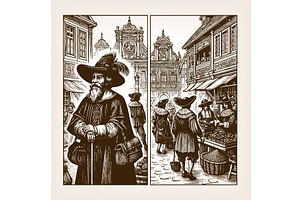old European marketplace scene, an Illustration by AlexArt