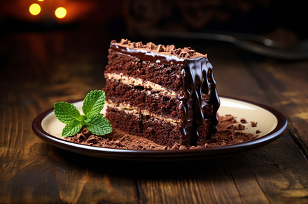 Piece of chocolate cake on plate on brown wooden table, a Photo by AlyaAnd