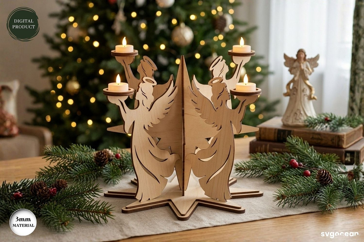 3D Christmas Angel Candle Stand SVG, a Decorative Illustration by svgocean (Photo 2 of 4)