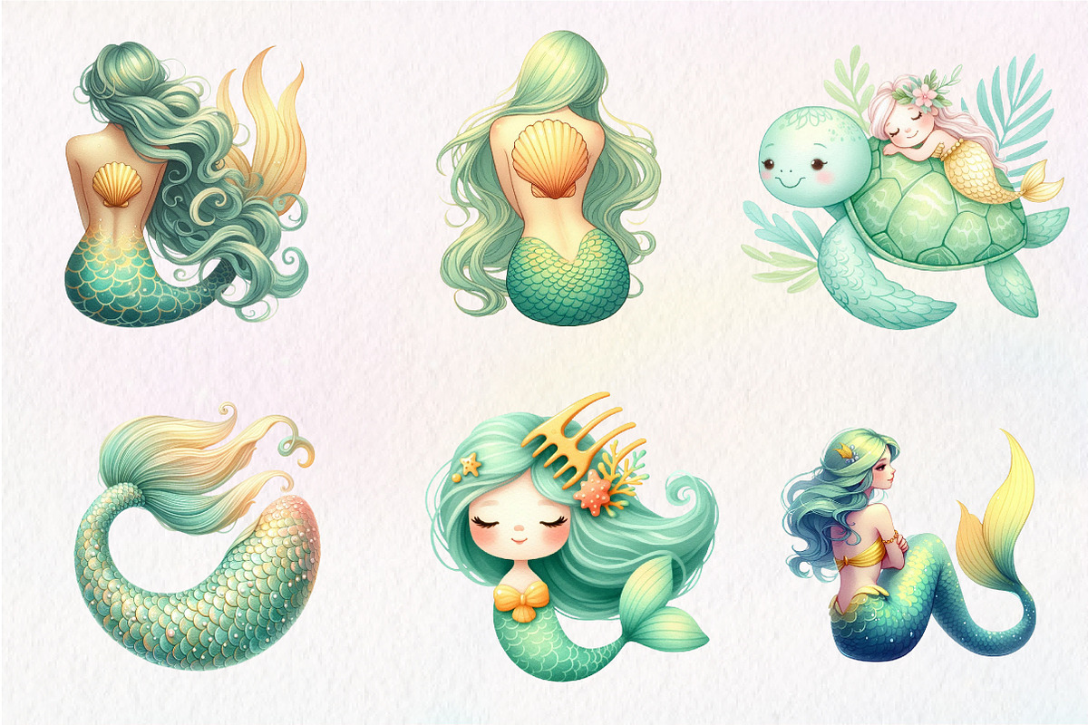 Summer Mermaid Watercolor Clipart, an Illustration by CreationArt (Photo 2 of 9)