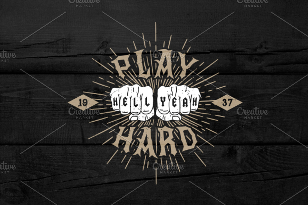 Vintage Label Play Hard, Hell Yeah, an Illustration by Ezepov (Photo 1 of 2)