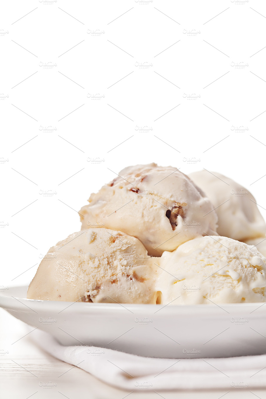 Vanilla Ice Cream Balls On White Plate Featuring Closeup Cold And Cream