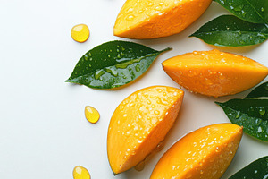 Fresh Mango Fruits slices, green lea, a Food & Drink Photo by Pixeness Studio