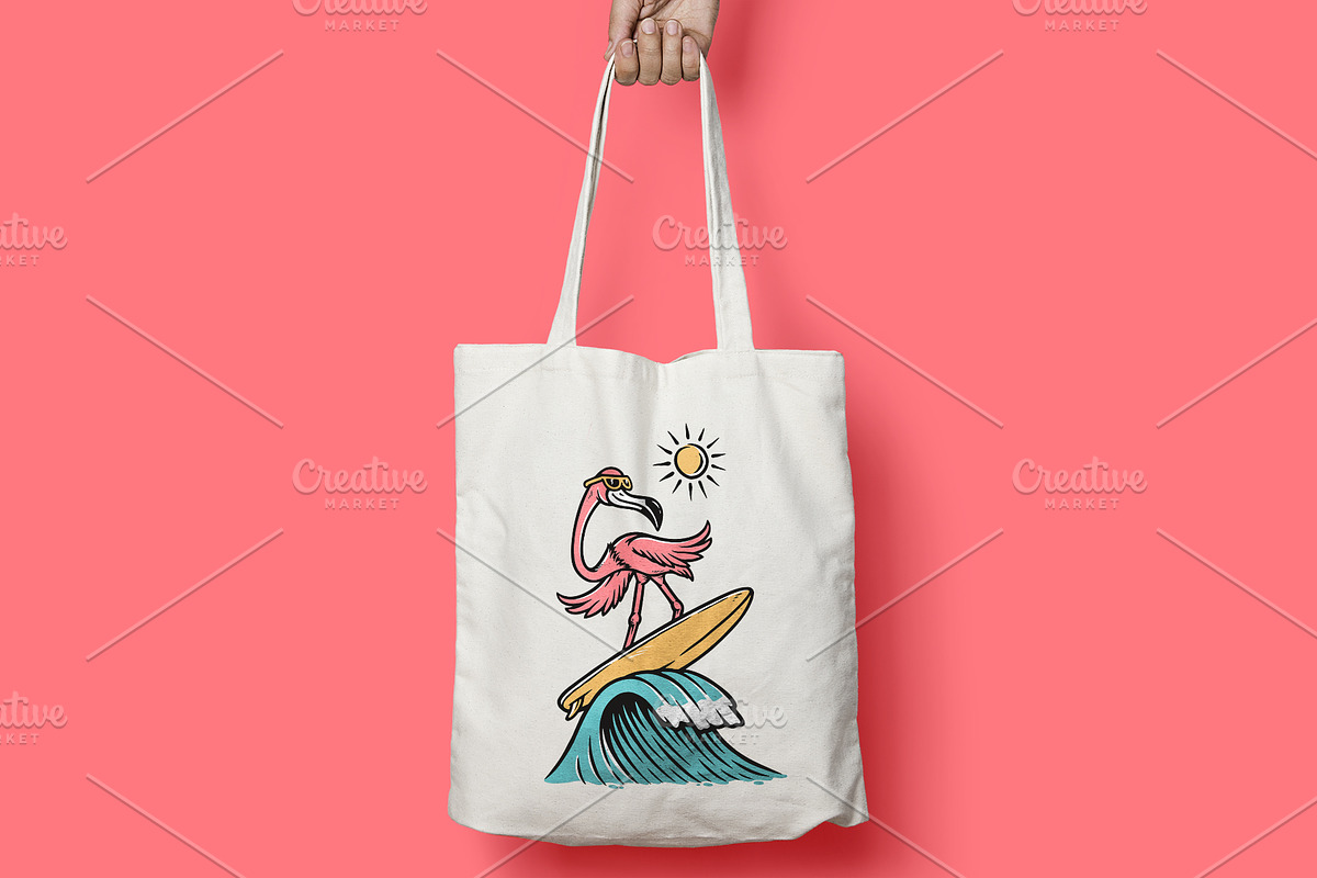flamingo is surfing on the beach, an Animal Illustration by gunaonedesign (Photo 4 of 4)