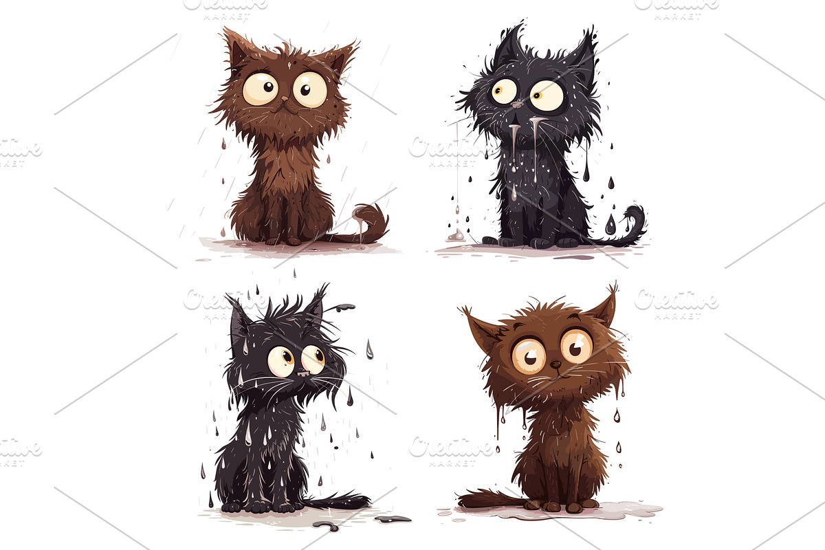 Funny wet cats. Black and brown cat, an Illustration by Stock-Smart-Start