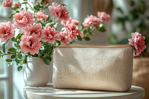Modern cosmetic bag and spring flowers on small round table, a Beauty & Fashion Photo by AlyaAnd