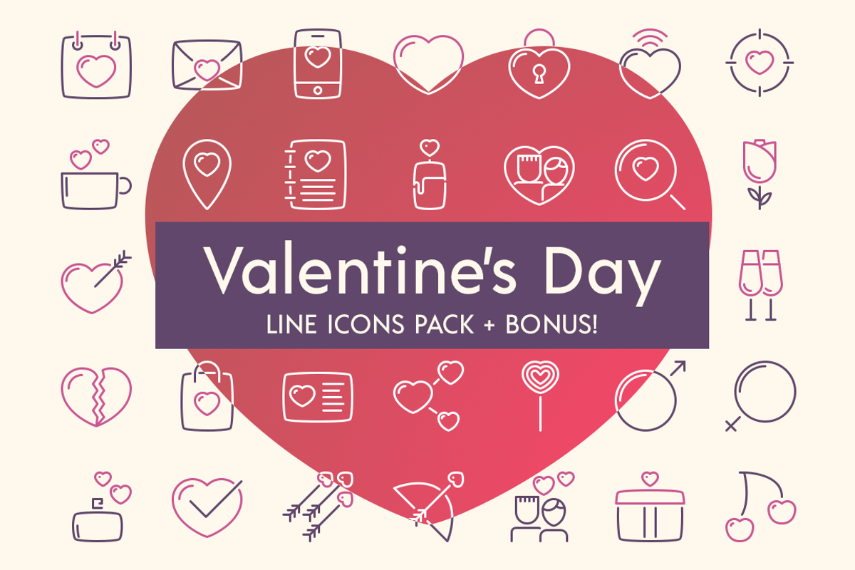 Valentine's day line icons + BONUS, an Outline Icon by brandcut (Photo 1 of 5)