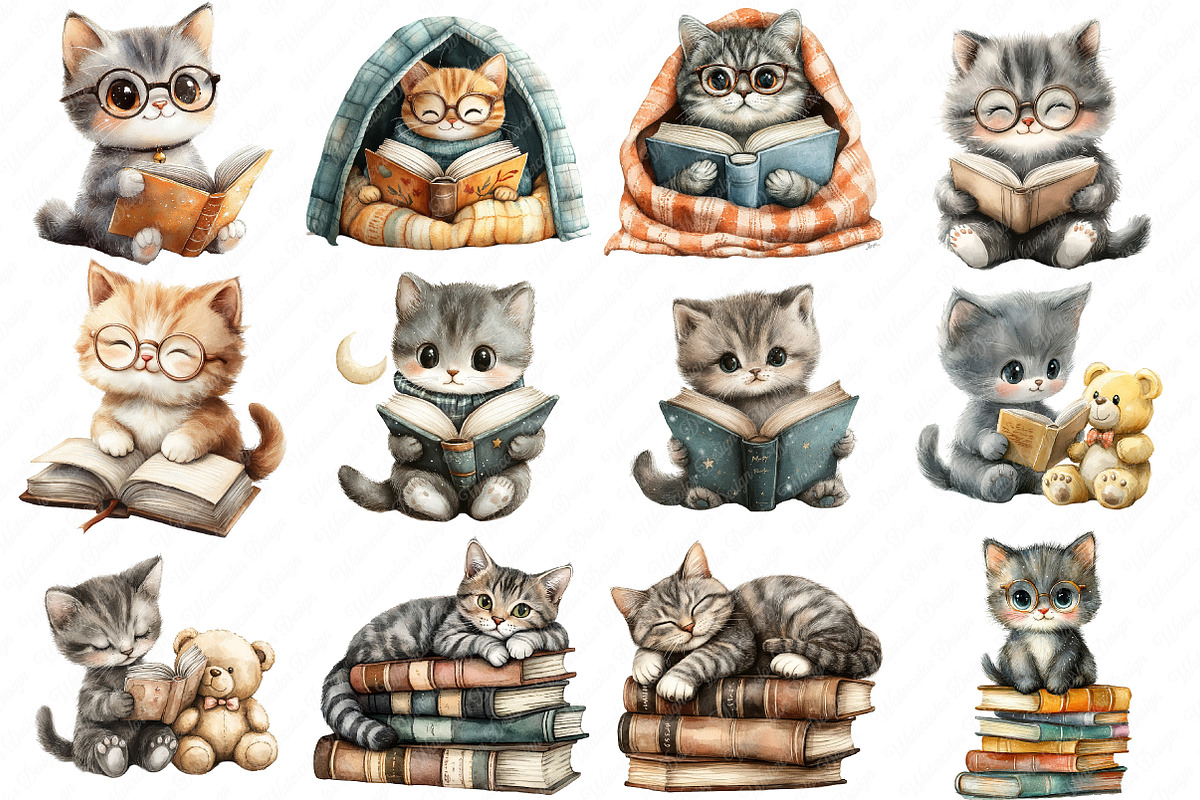 Cute Cat with Book Sublimation png, an Illustration by Watercolor design (Photo 2 of 11)