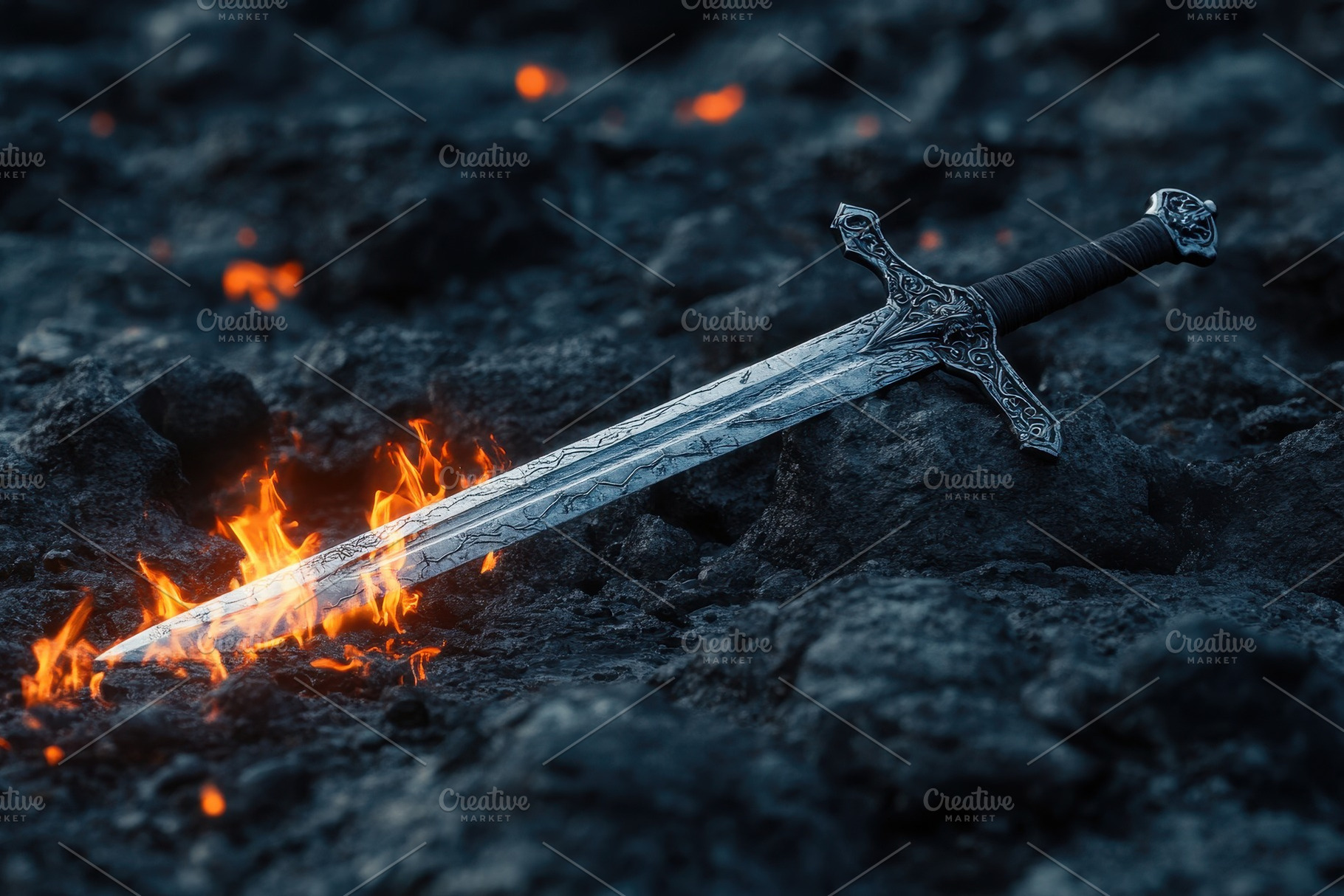 Sword rests on rocky ground with fli, a Photo by Iftikhar Alam
