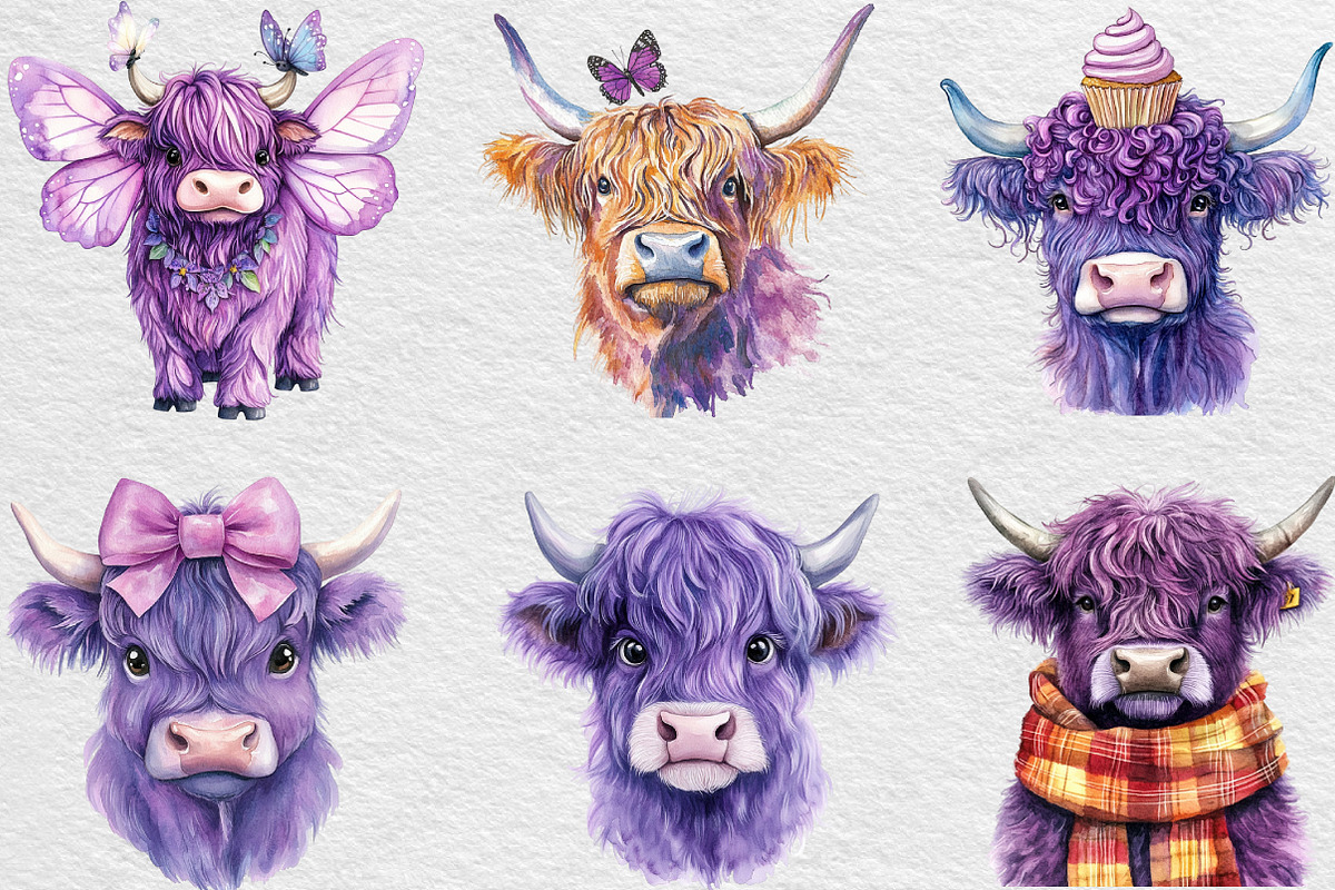 Purple Highland Cow Clipart, an Illustration by Black Bird Studio (Photo 6 of 6)
