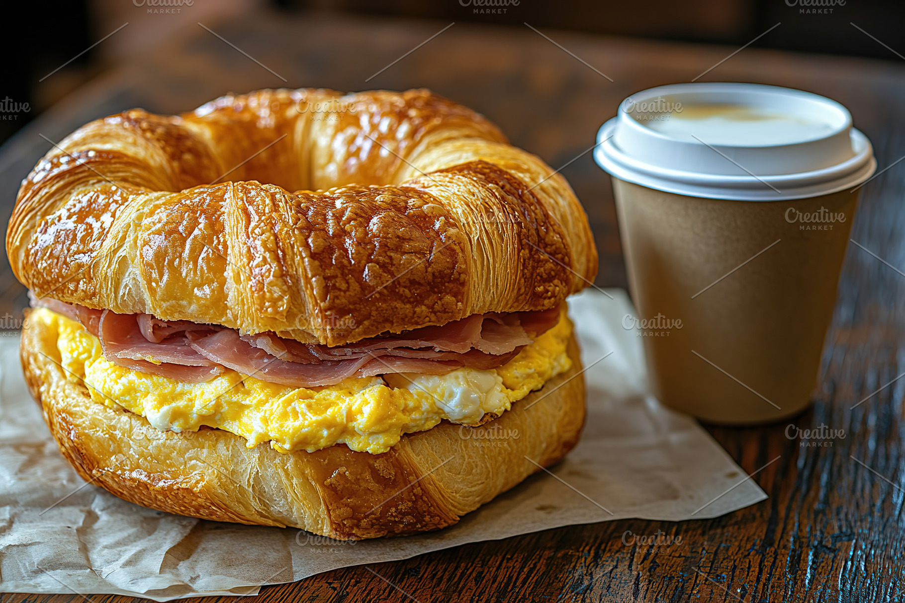 Croissant sandwich with meat, cheese and takeaway paper cup of c, a Food & Drink Photo by AlyaAnd