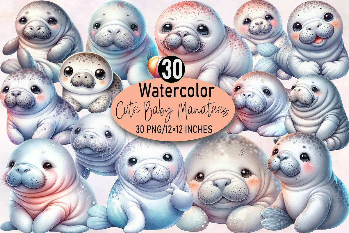 Cute Baby Watercolor Manatees Sublim, an Illustration by SVGArt (Photo 1 of 8)