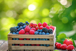Fresh ripe berries in wooden crate on blurred green background, a Food & Drink Photo by AlyaAnd