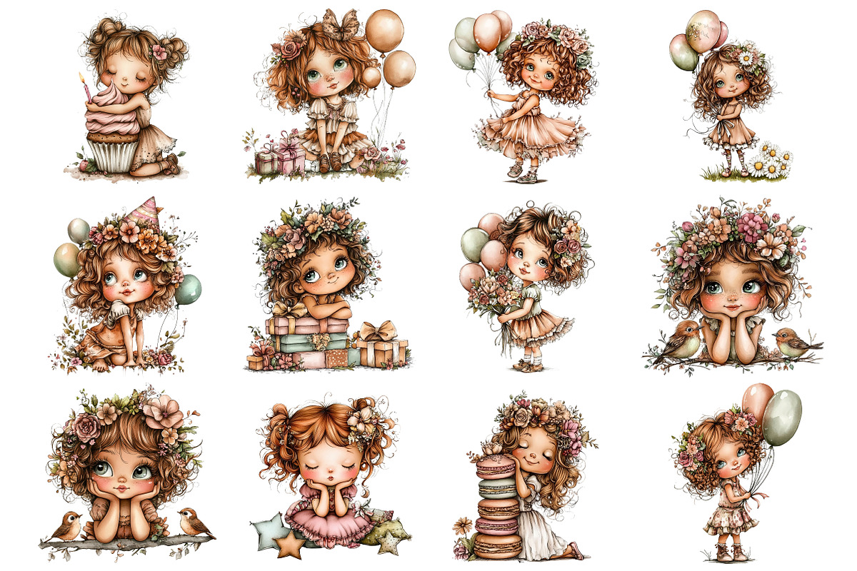 Whimsical Birthday Girls Clipart PNG, a Seasonal Illustration by CitraGraphics (Photo 2 of 4)