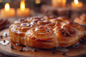 Deliciously glazed cinnamon rolls adorned with star anise, set o, a Food & Drink Photo by ImageMir