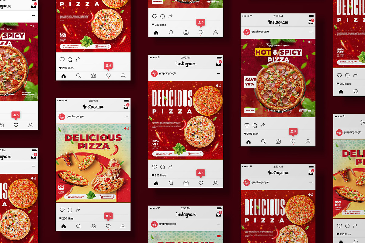 6 pizza social media post designs, a Social Media Template by graphic bakers (Photo 1 of 4)