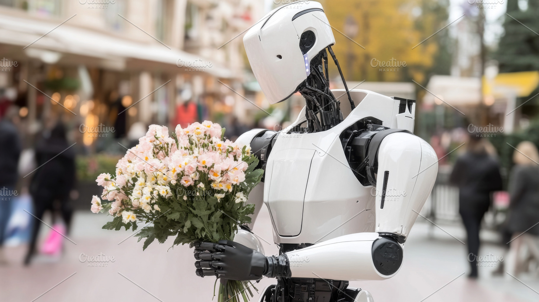 Robot carrying flowers in city stree, a Photo by Dvoevnore photos