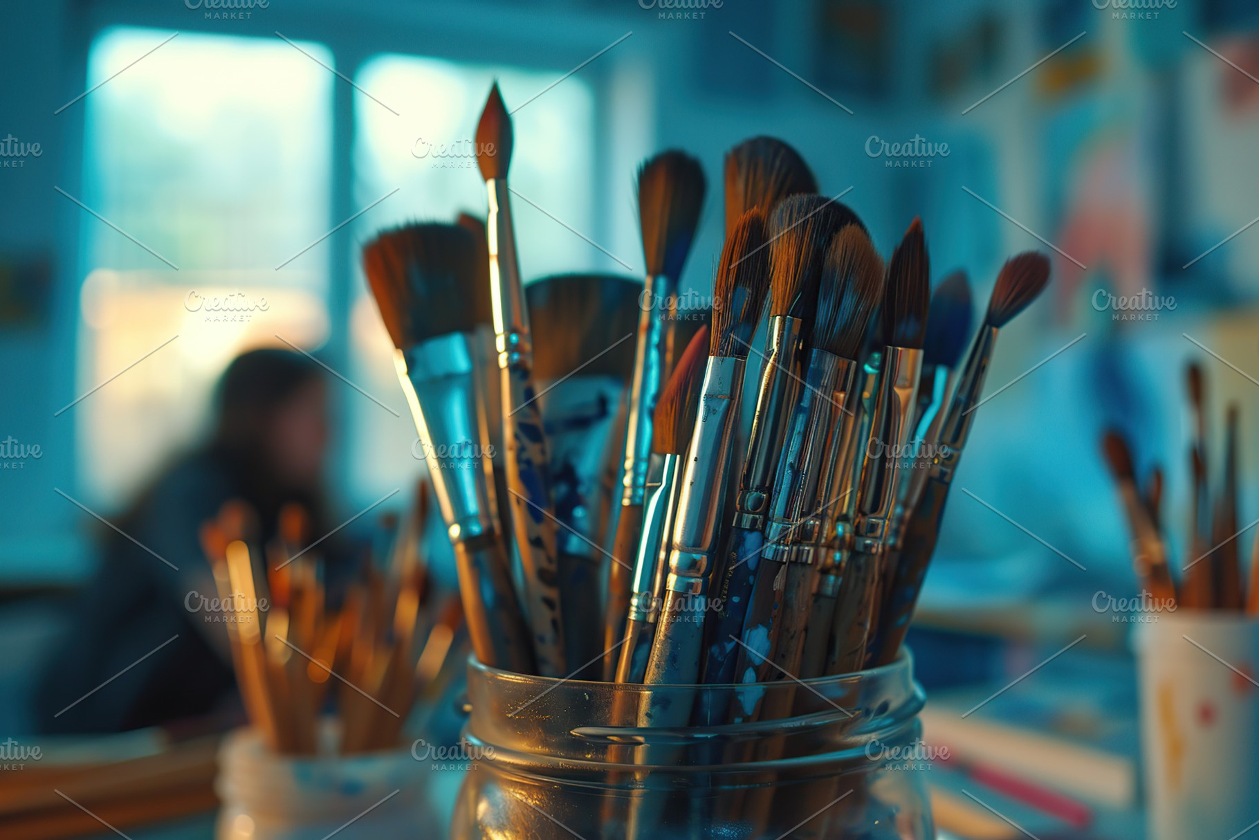 Used paintbrushes in a glass jar on blurred classroom background, an Arts & Entertainment Photo by AlyaAnd