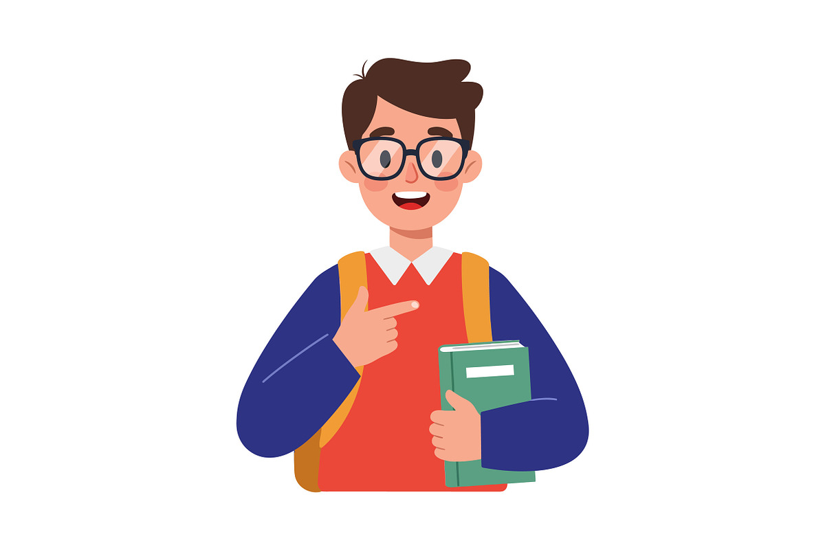 Cheerful boy with glasses holding a, an Illustration by designvectx