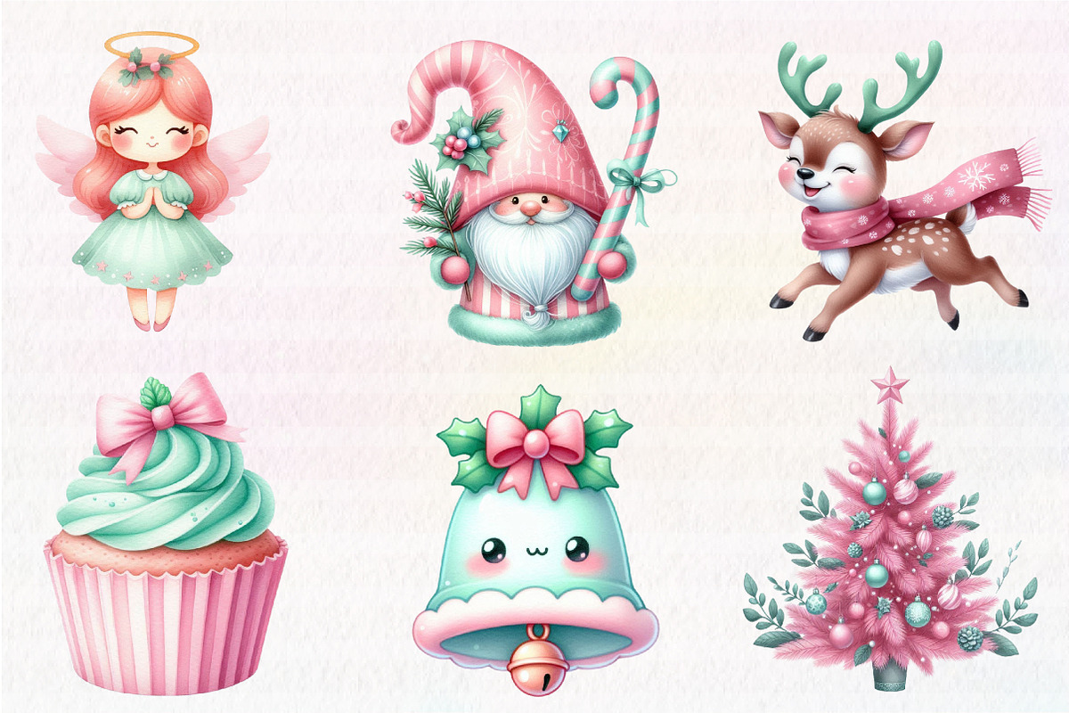 Kawaii Pink Mint Christmas Clipart, an Illustration by CreationArt (Photo 5 of 5)