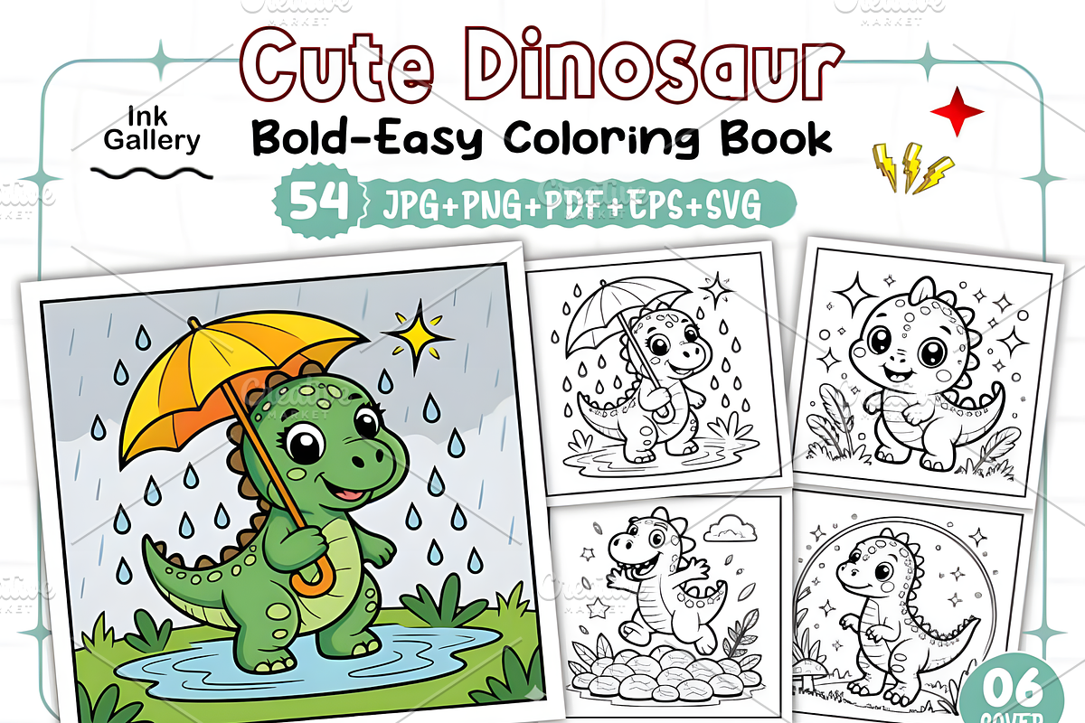 Bold Easy Cute Dinosaur Coloring Pag, an Animal Illustration by Ink Gallery (Photo 1 of 9)